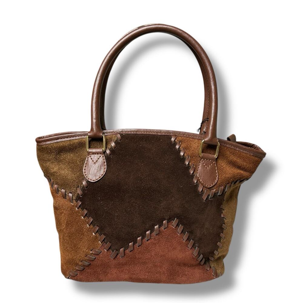Elegant Patchwork Suede Tote - Brown - image 13